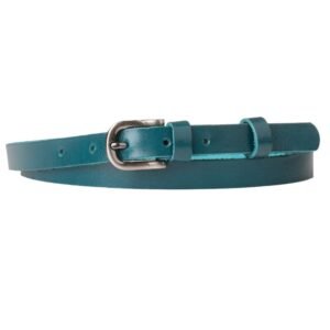 Leather women's belt with metal buckle in turquoise color 1,5cm
