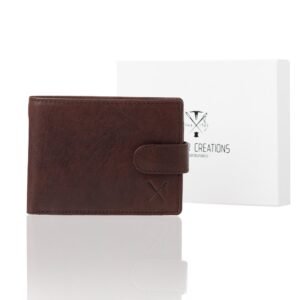 Brown leather wallet with external snap button and RFID protection