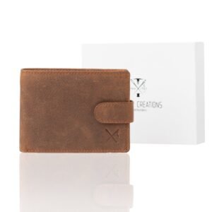 Oily brown leather wallet with external snap button and RFID protection