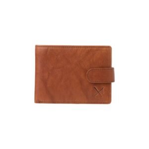 Tan leather wallet with external snap button and RFID protection