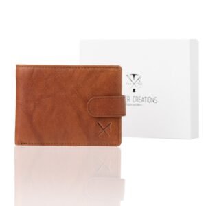 Tan leather wallet with external snap button and RFID protection