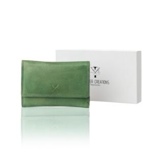 Large-sized green leather wallet with multiple compartments and RFID protection