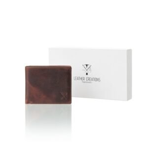 Brown men’s leather wallet without coin pocket, featuring RFID protection