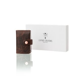 Ανδρικό δερμάτινο πορτοφόλι με pop-up μεταλλική θήκη και εξωτερικό κούμπωμα καφέ χρώμα