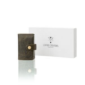 Green men’s leather wallet with pop-up metal card holder and external clasp