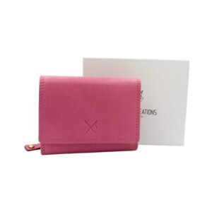 Ροζ δερμάτινο πορτοφόλι μεσαίου μεγέθους με εξωτερική θήκη για κέρματα και RFID προστασία