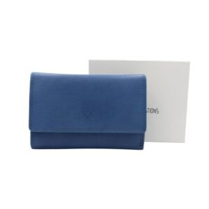 Large-sized blue leather wallet with multiple compartments and RFID protection