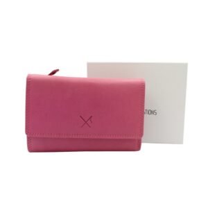 Large-sized pink leather wallet with multiple compartments and RFID protection