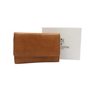 Large-sized tan leather wallet with multiple compartments and RFID protection