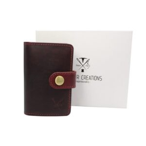 Burgundy men’s leather wallet with pop-up metal card holder and external clasp