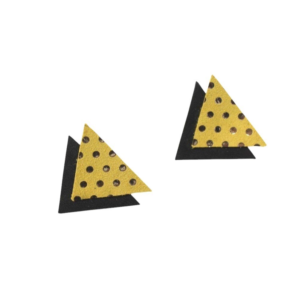 Leather earrings in a double triangular shape in black and yellow colors - Image 2