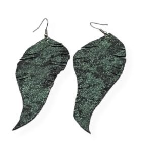 Handmade leather earrings in the shape of a leaf in a green shade