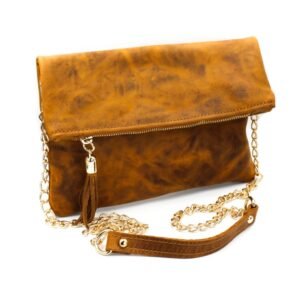 Leather foldover clutch in brown color – Sappho