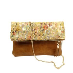 Leather foldover bag in tan color combined with yellow – Sappho