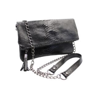 Foldover leather clutch in black embossed snake leather – Sappho