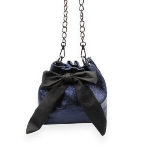 Handmade small leather bucket bag in metallic blue color - Gaia