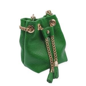 Handmade mini bucket bag in glossy green leather – Erato