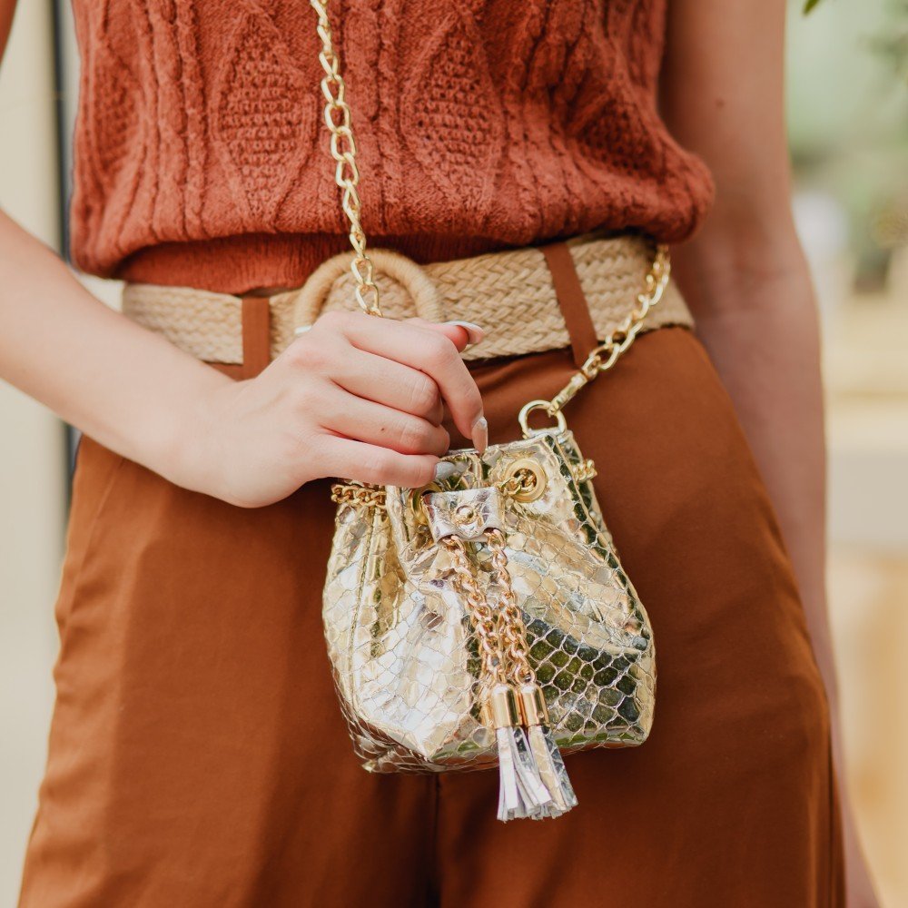 Leather tiny bucket bag in gold color - Erato - Image 2