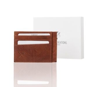 Double-sided leather card holder in tan color with RFID protection