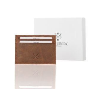 Small dual-sided leather card holder with window and RFID protection oily brown color