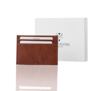 Small dual-sided leather card holder with window and RFID protection tan color