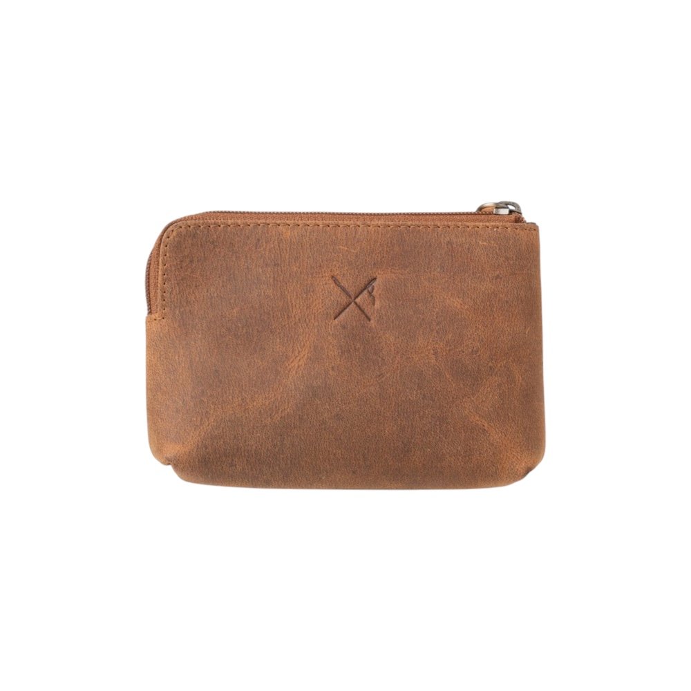 Oily brown zippered leather wallet with RFID protection
