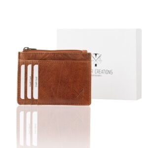 Small leather coin and card wallet with RFID protection in tan color