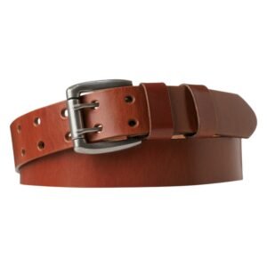 Brown leather men's belt 4cm with double-prong buckle seamless