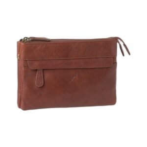 Women’s leather crossbody bag with two main compartments tan color