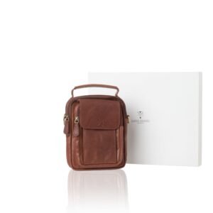 Leather men's crossbody bag with detachable strap in tan color
