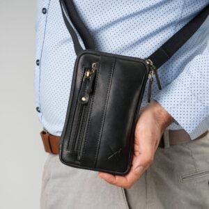 Leather belt and crossbody bag small size black color
