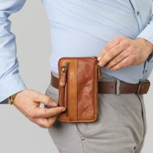 Leather belt and crossbody bag in tan color