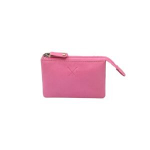 Triple leather pouch with zipper & key holder pink color