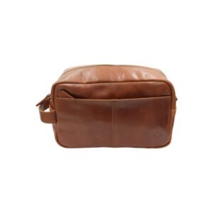 Leather men’s travel toiletry bag in tan color