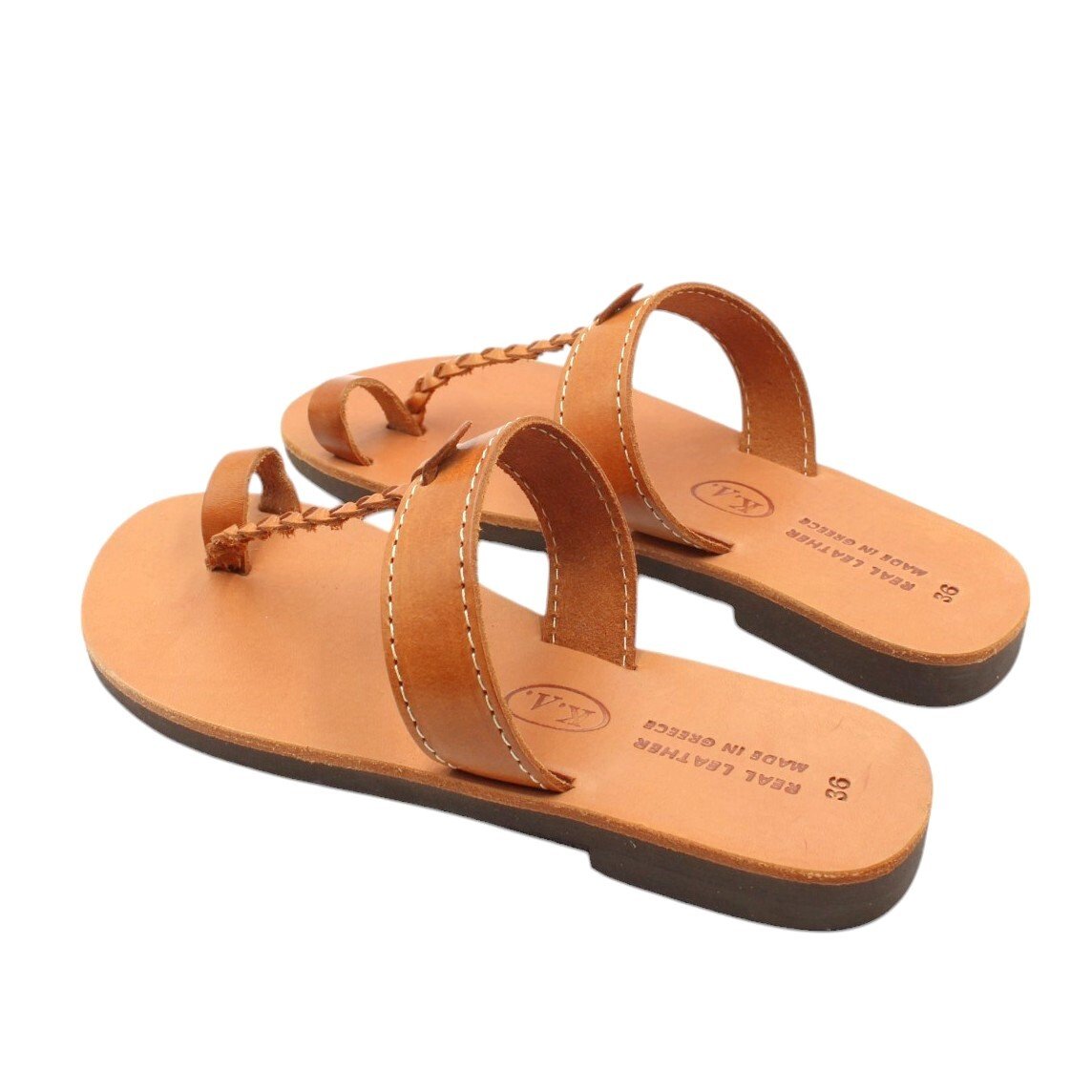 Δερμάτινα κλασσικά σανδάλια με πλεξούδα σε φυσικό καφέ χρώμα - Image 3