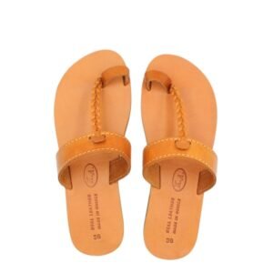 Classic leather sandals with a braided design in natural brown color