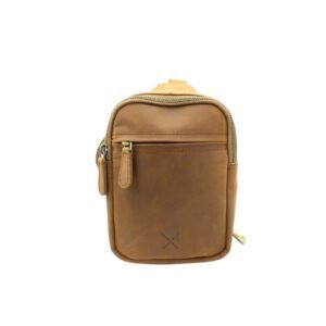 Oil brown leather chest bag with ambidextrous design