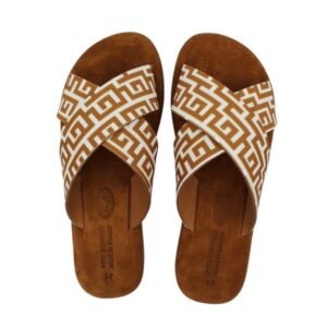 Brown handmade leather sandals with meander design -Greek key