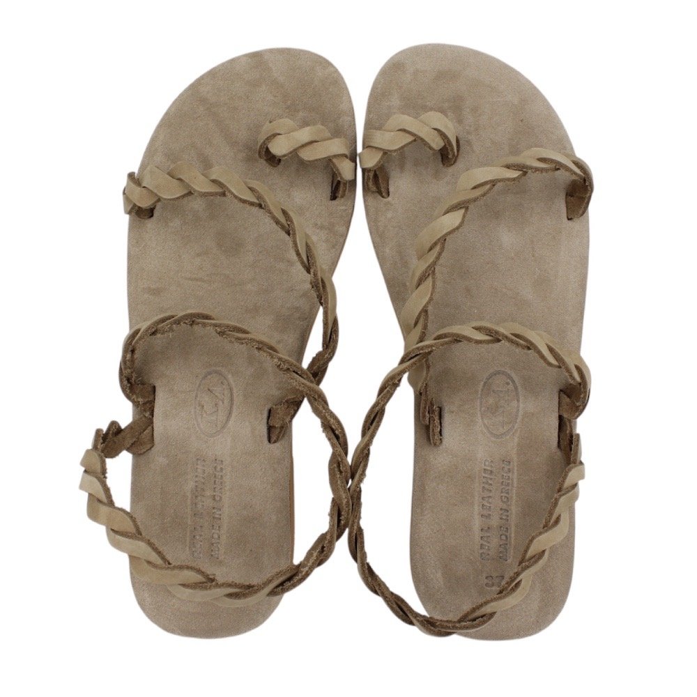 Gray women’s leather sandals with braided straps and a soft insole