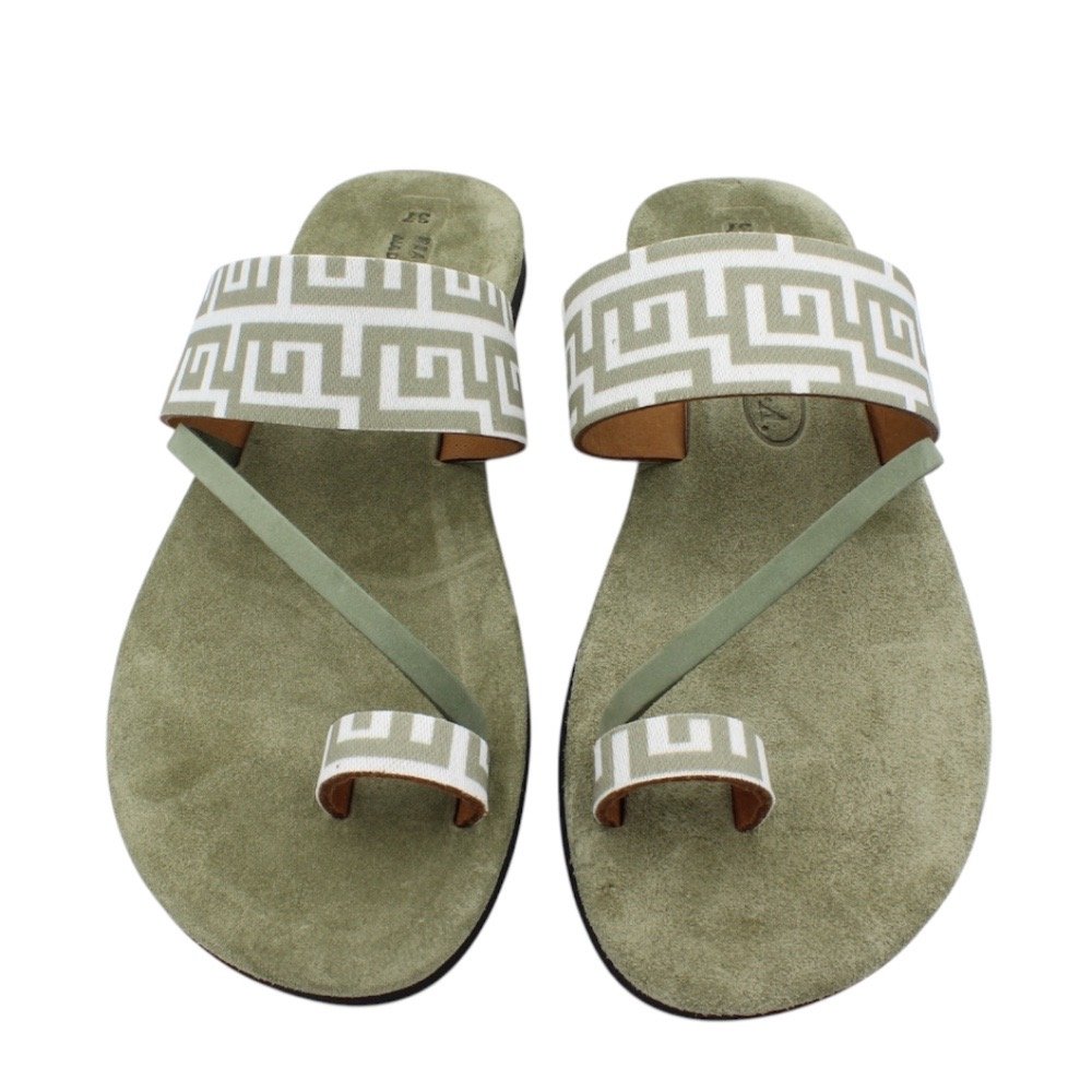 Green leather sandals with soft insole and Greek key design - Image 3