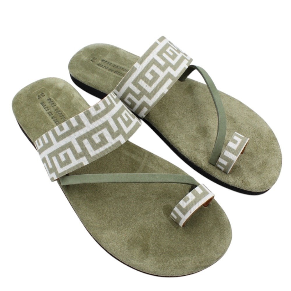 Green leather sandals with soft insole and Greek key design - Image 2