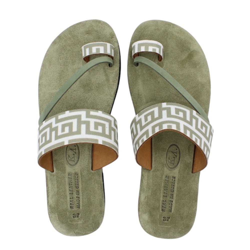 Green leather sandals with soft insole and Greek key design