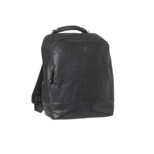black leather backpack medium size with two main cases with zipper