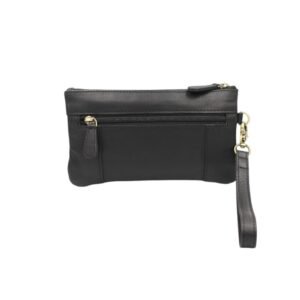 μαύρο δερμάτινο τσαντάκι καρπού πίσω μεριά με επιπλέον θήκη με φερμουάρ