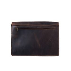 δερμάτινη επαγγελματική τσάντα με καπάκι και δυο ξεχωριστές θήκες καφέ λαδιού χρώμα πίσω μεριά