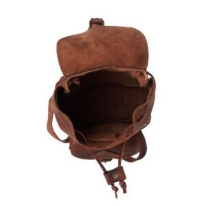 Small leather backpack with flap closure and an external pocket inside