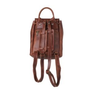 Small leather backpack with flap closure and an external pocket back side