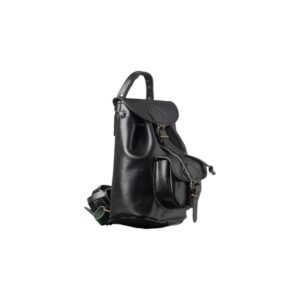 Small leather backpack with flap closure and an external pocket black color