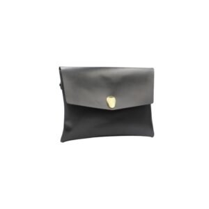 Leather envelope bag with flap closure and detachable strap black color