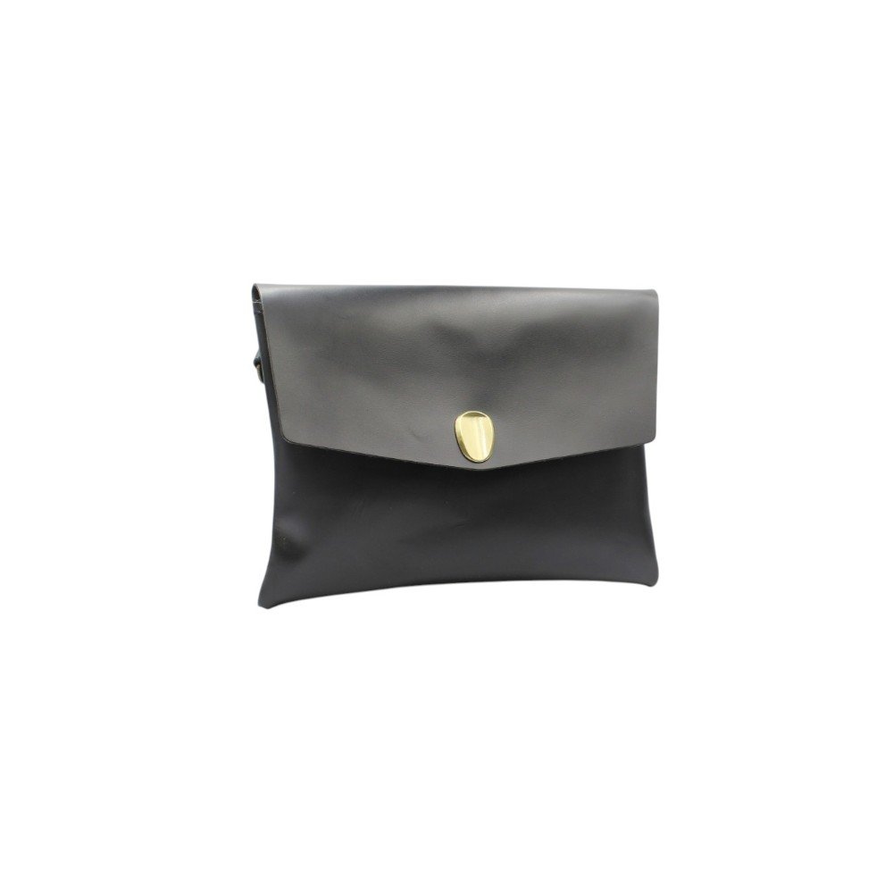 Leather envelope bag with flap closure and detachable strap black color